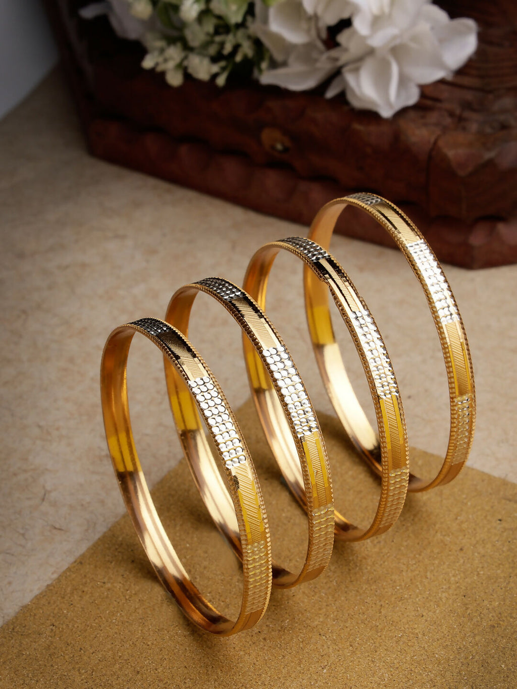 NVR Women's Set of 4 Gold-Polished CZ-Studded Traditional Bangles