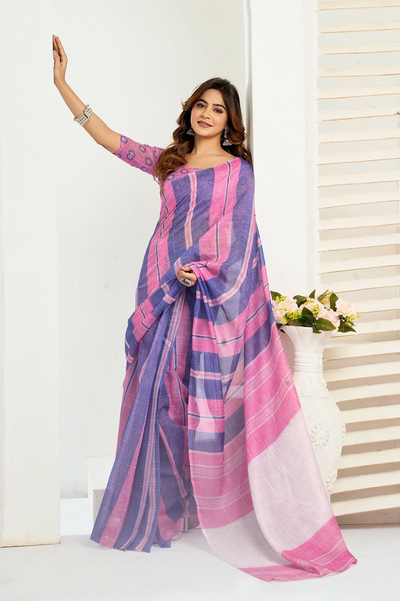 Vastranavya Pink Blue Digital Printed Linen Ready To Wear Designer Saree with Unstitched Blouse