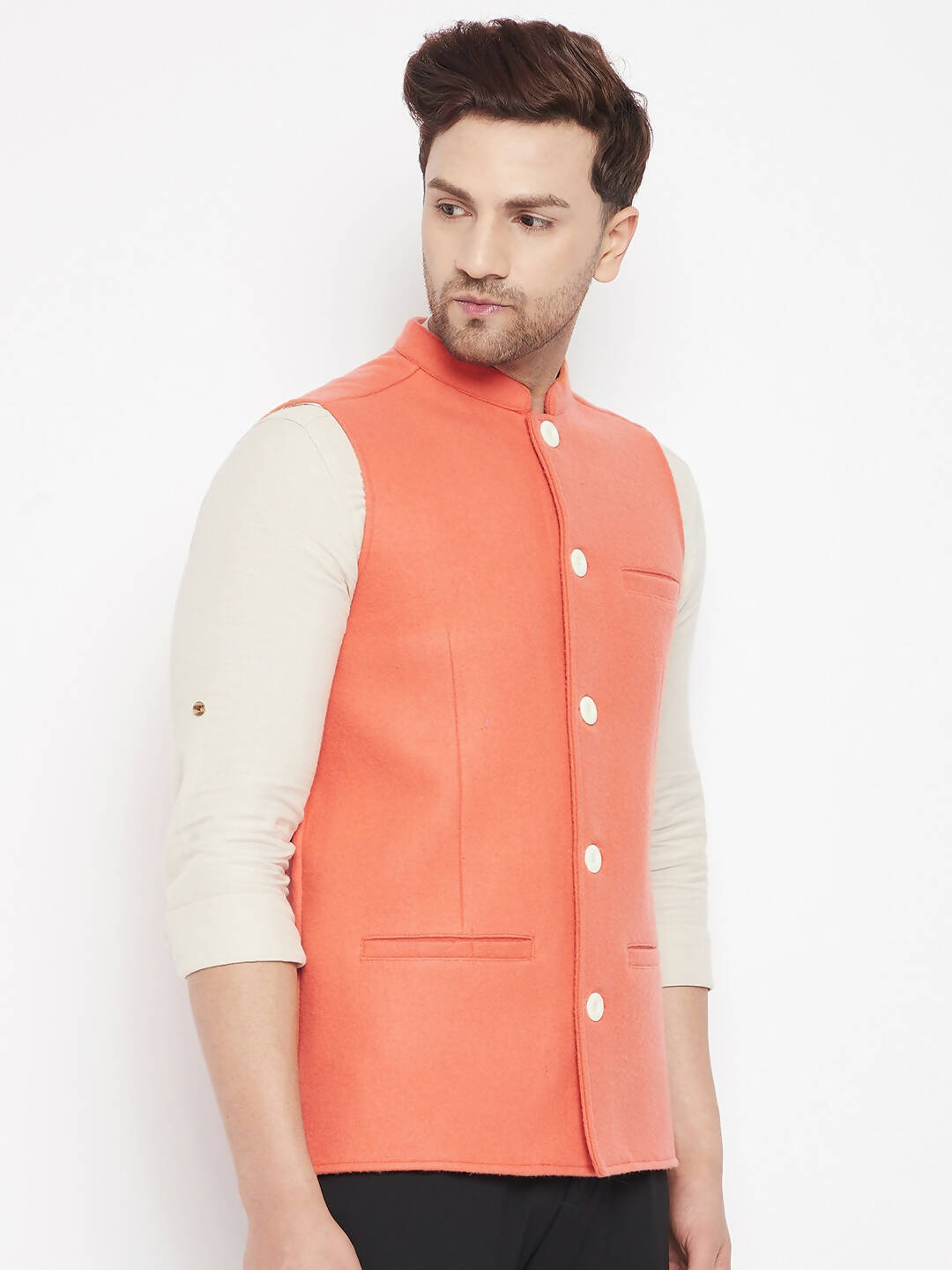 Even Apparels Orange Wool Men Woven Nehru Jacket