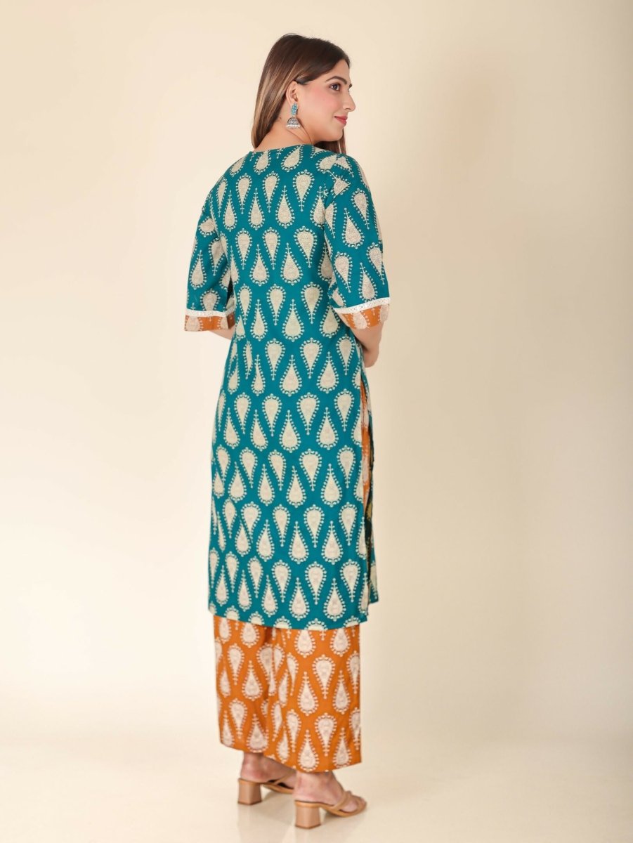 Aramya Turquoise Soft Cotton Floral Print Straight Kurta Set for Women