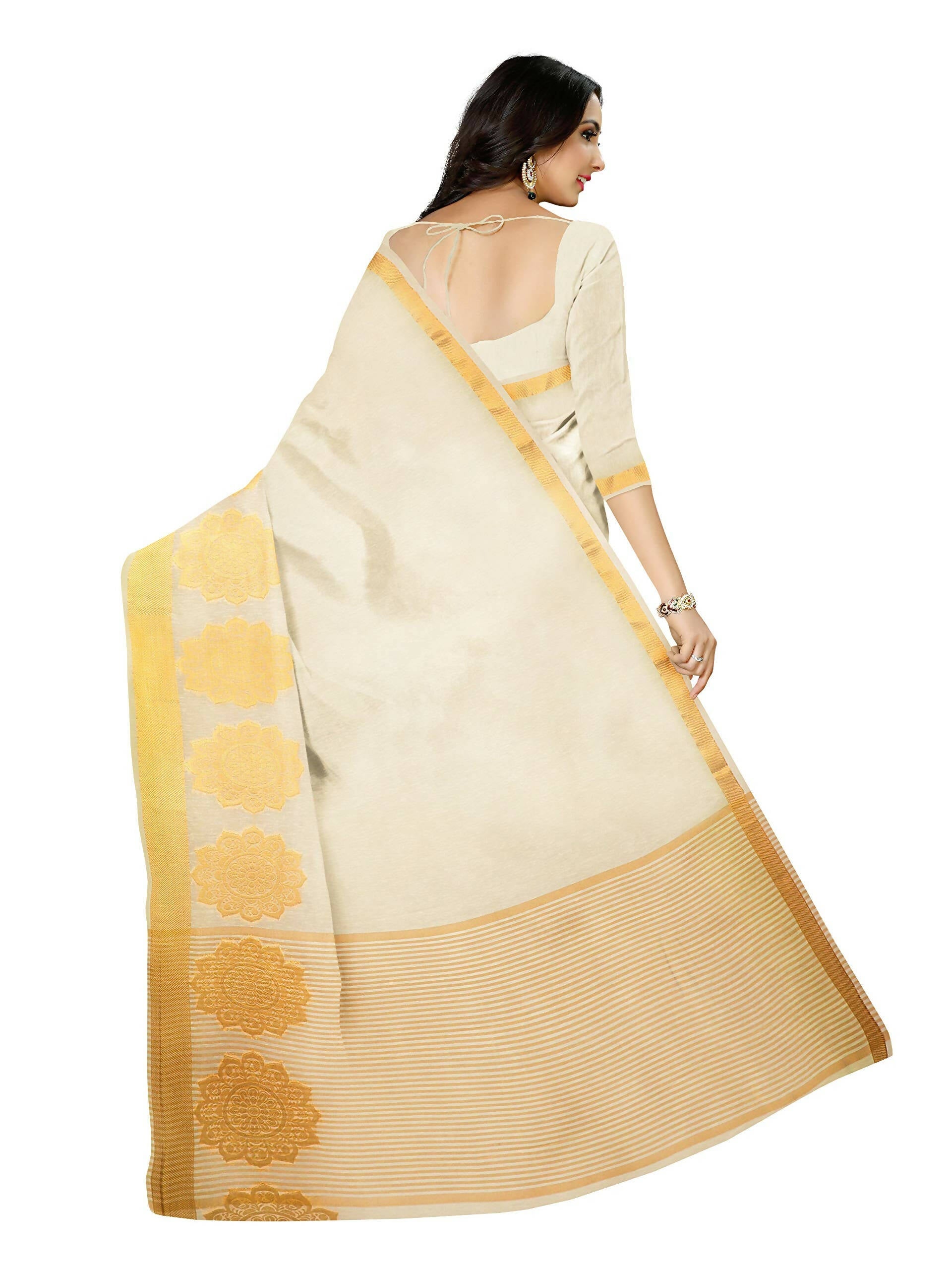 Mimosa Women's Off White Linen Blend Kasavu Saree