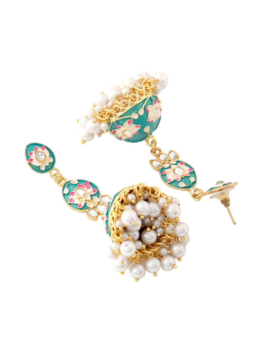 NVR Women Gold-Polished Blue Kundan Jhumkas Earrings
