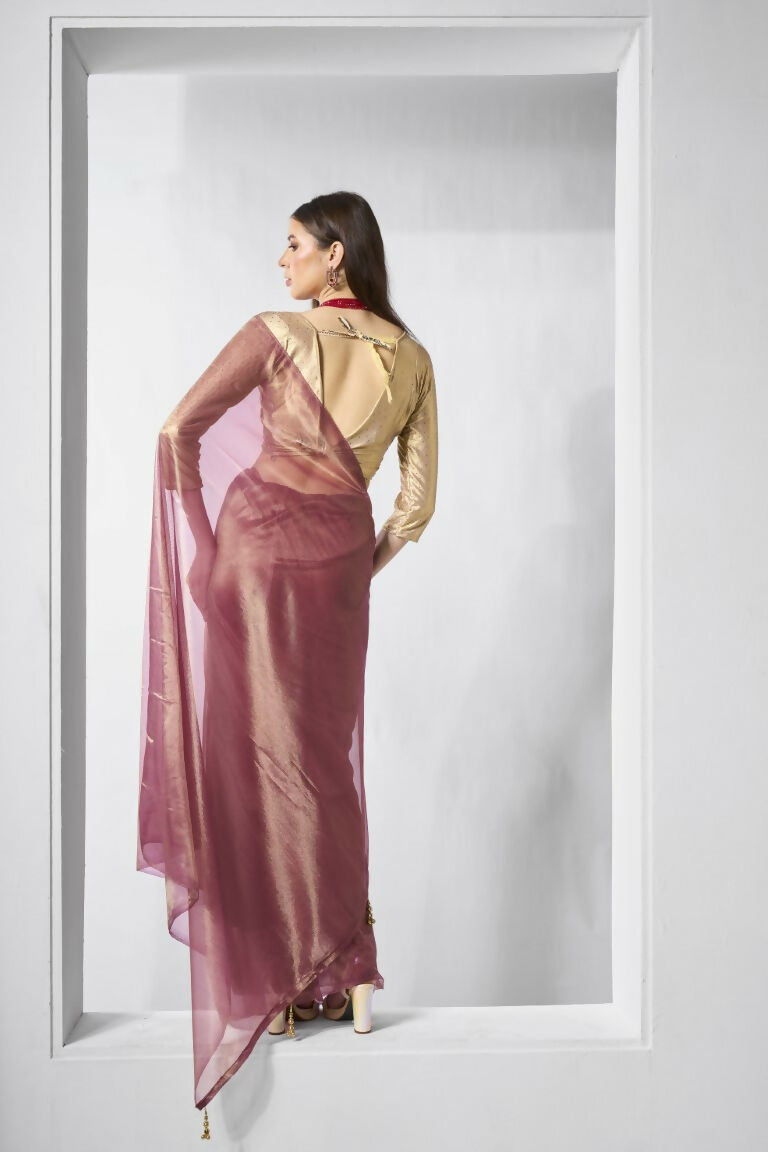 Onion Gold Tissue Net Solid & Gold Cotted Saree - Samaa