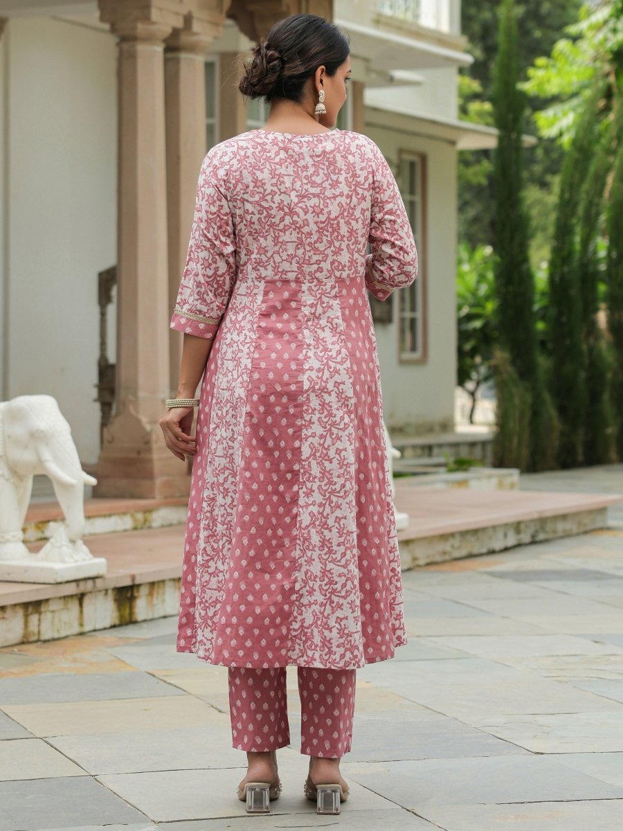 Aramya Anarkali Soft Cotton Block Print Women's Kurta Set - Pink