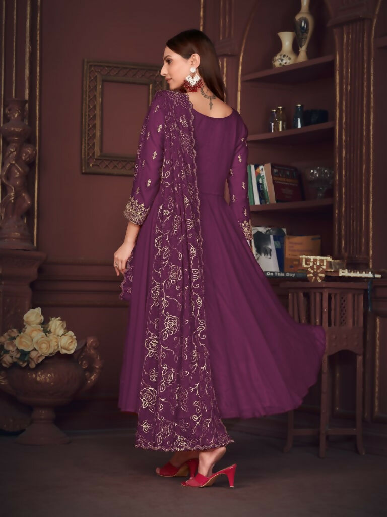 Jyoti Fashion Women's Purple Georgette Embroidered Anarkali Kurta Pant Set With Dupatta