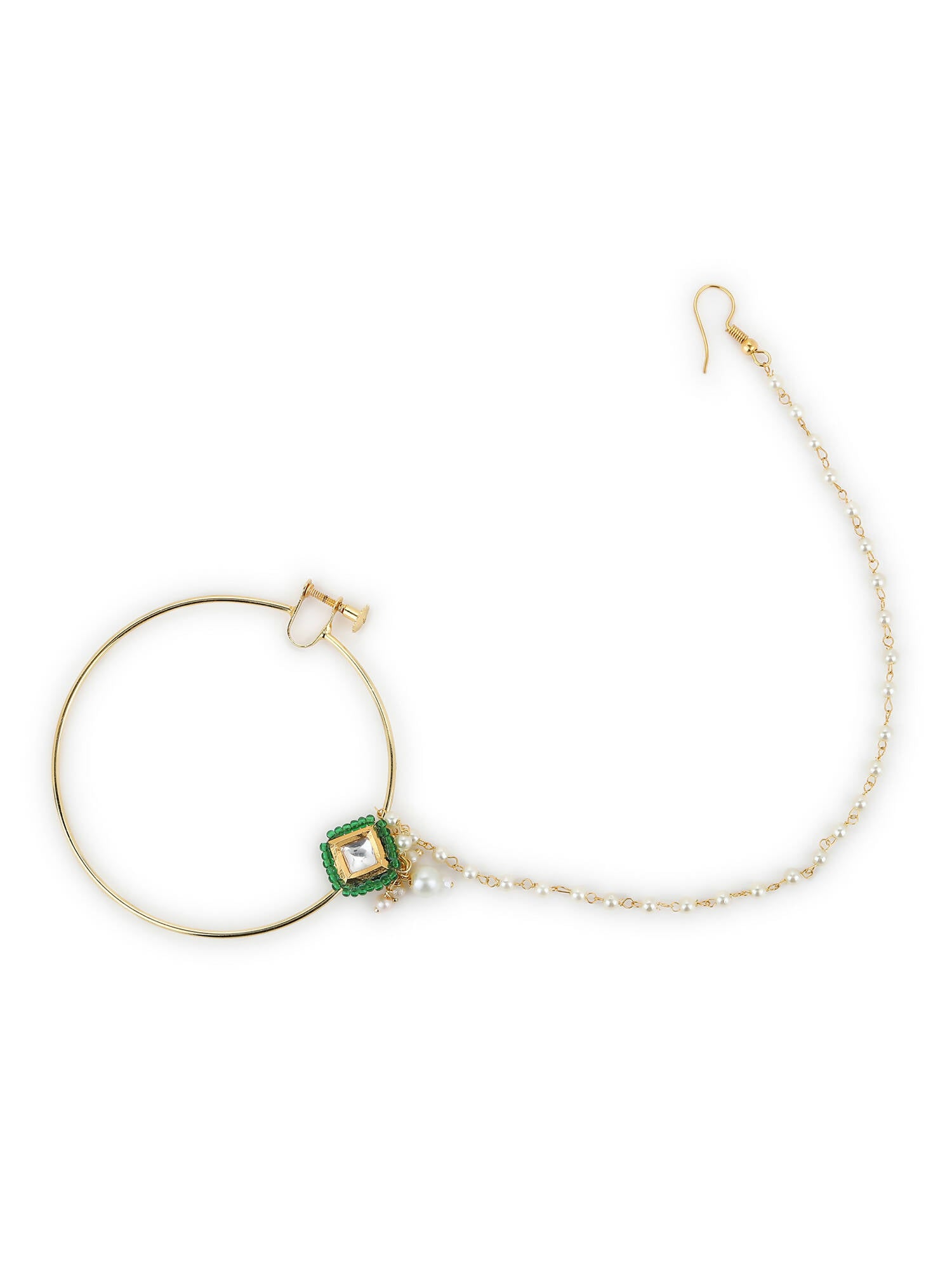 Gold-Polished Green White Kundan Studded Beaded Chained Nosepin - Ruby Raang