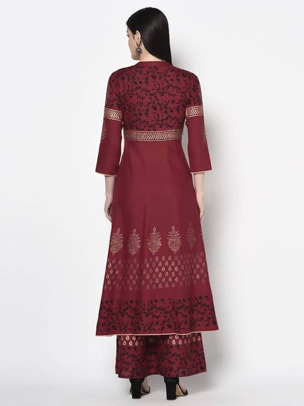 Aniyah Rayon Maroon Color Block Print Anarkali Palazzo Set (AN-181K)