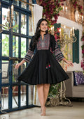 Juniper Women's Black Ethnic Motif Printed Liva Rayon Dress With Dori & Sequin