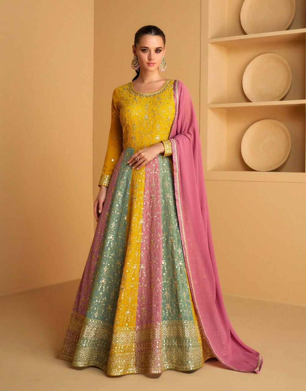 Lorenvalley Fashion Yellow Faux Georgette Embroidery with Sequince Work Gown Stitched