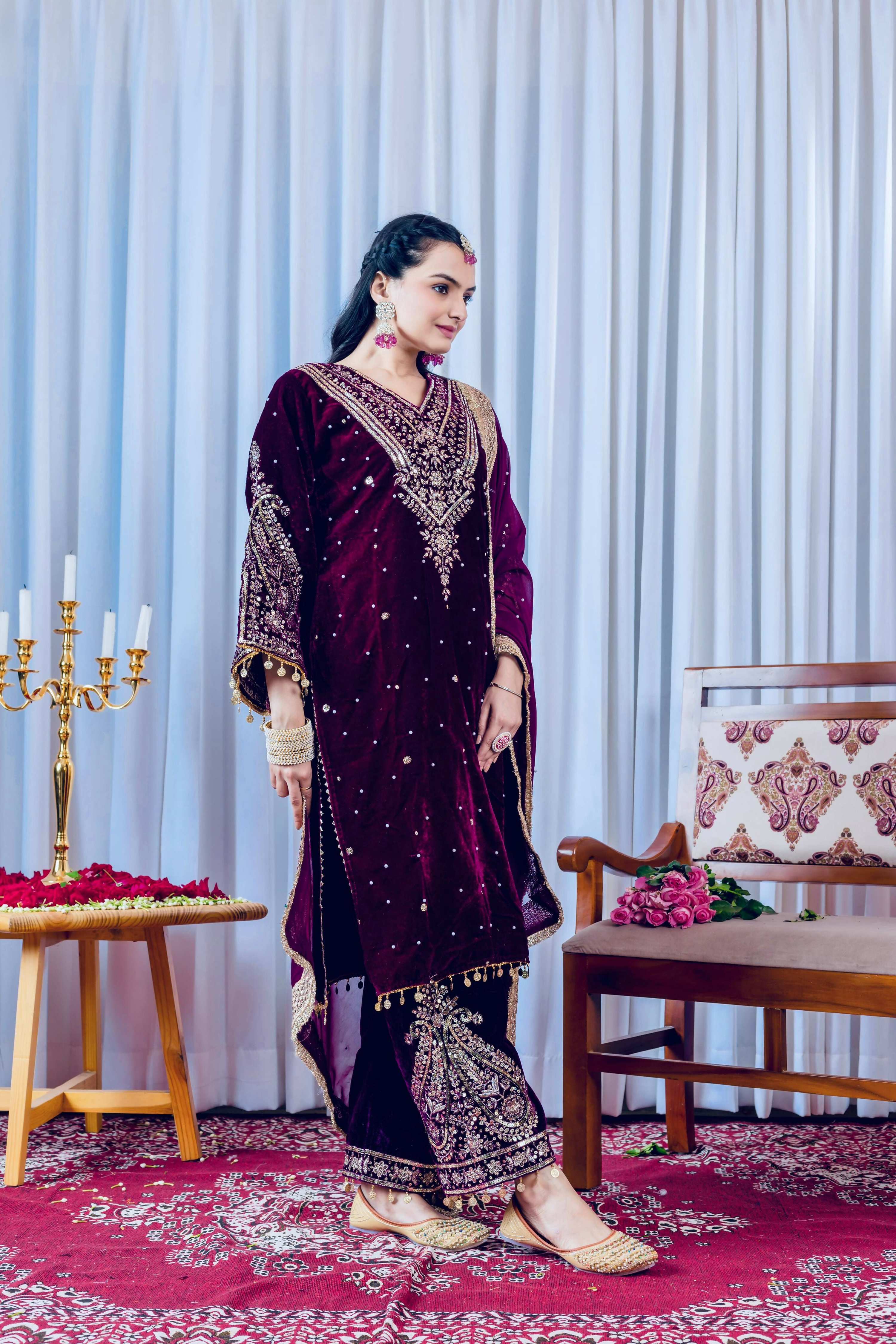 Joban Fashion deep Plum Velvet Embroidery Kurta Set