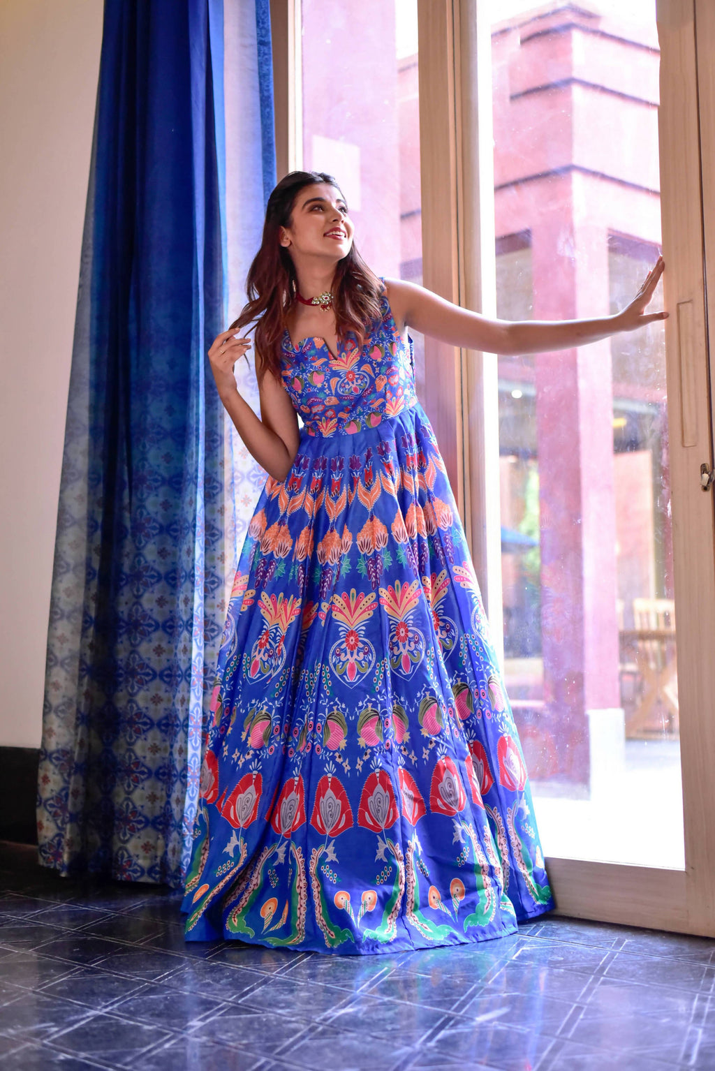 Casual Designer Blue Cotton Silk Gown - Anbazaar