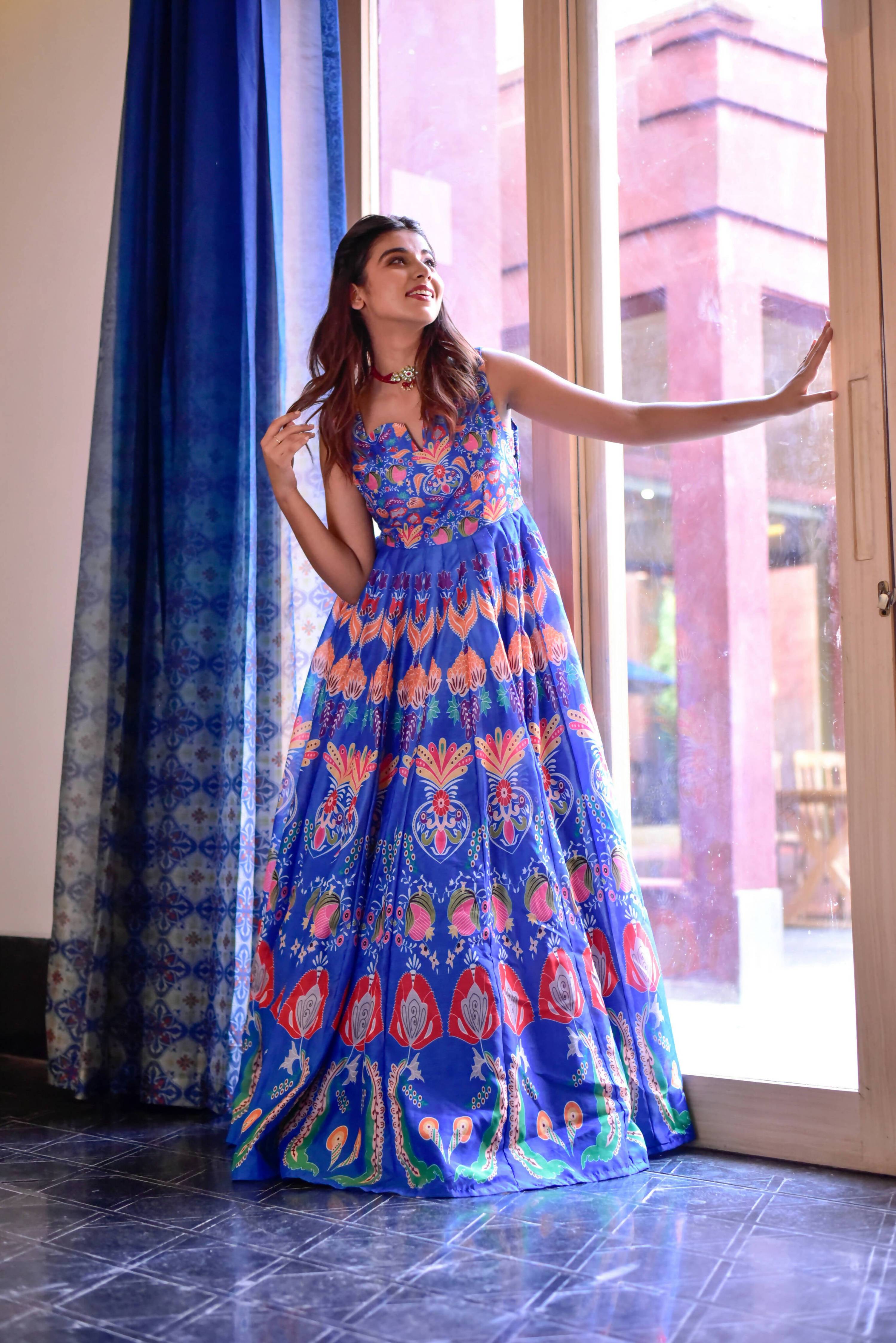 Casual Designer Blue Cotton Silk Gown - Anbazaar
