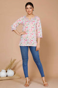 Miravan Women's Floral Printed Pure Cotton Pink Kurti