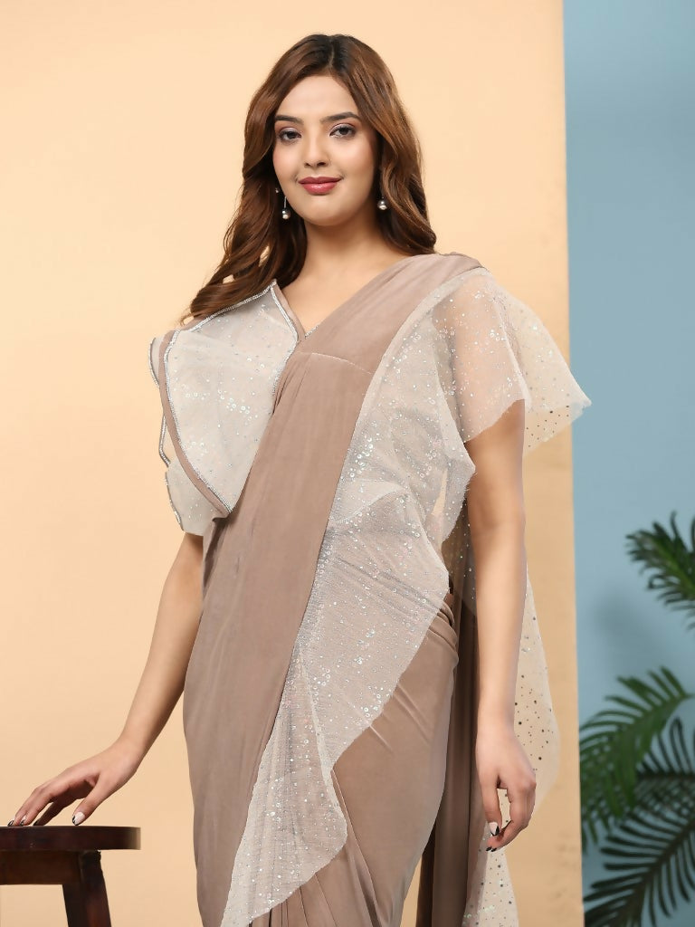 Light Brown Lycra Solid Ready to Wear Saree with stitched Blouse - Nita