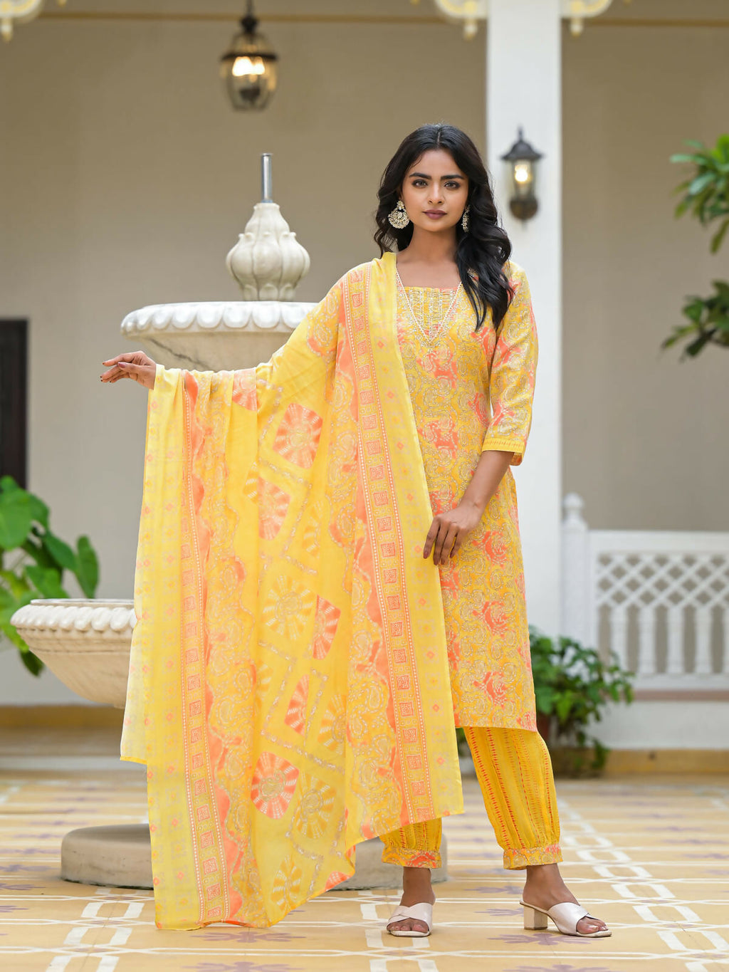 Juniper Women's Yellow Ethnic Motif Printed Cotton Kurta Pant With Dupatta Set With Sequins & Lace