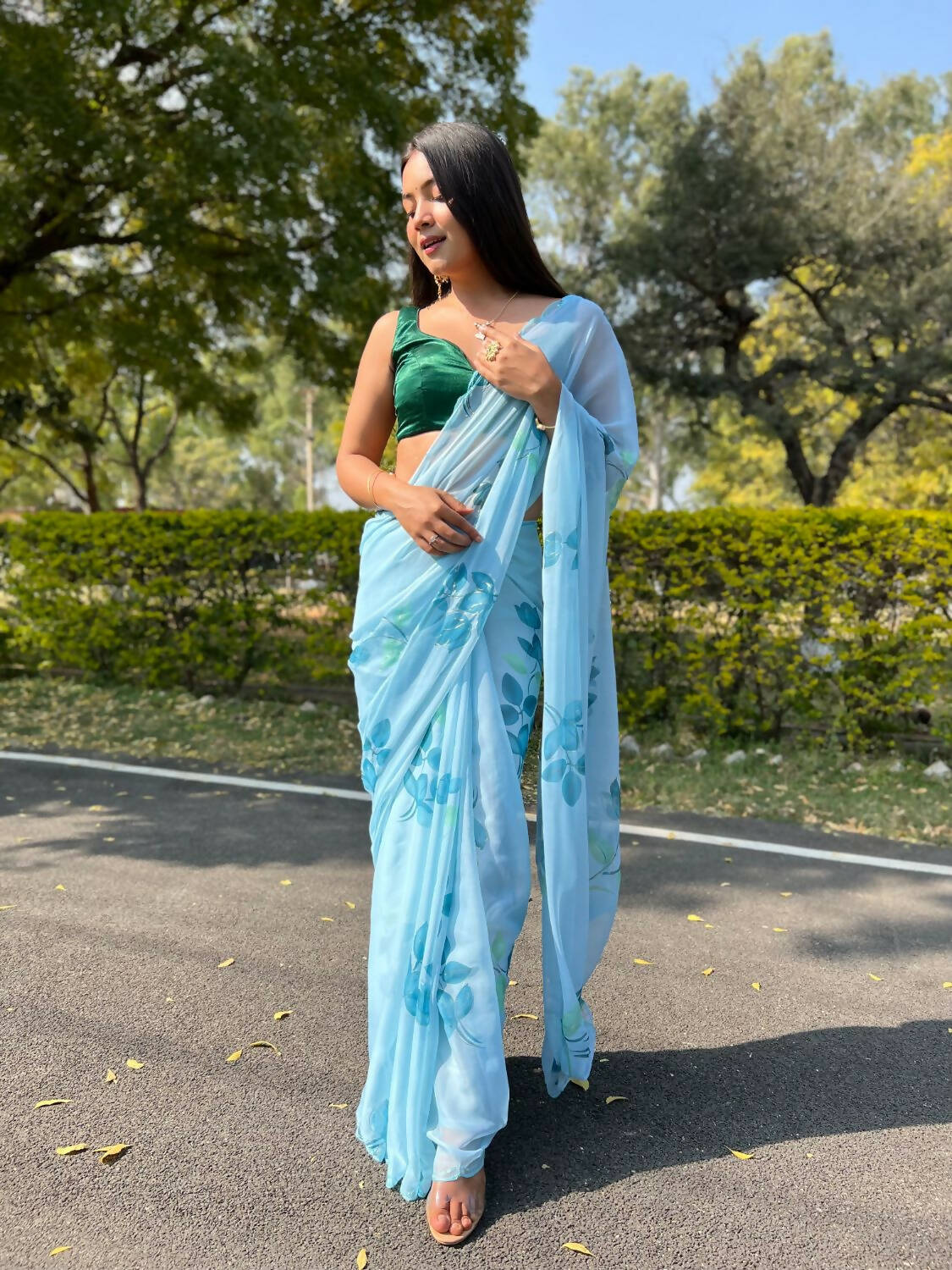 Vamsee Sky Blue Chiffon Designer Saree