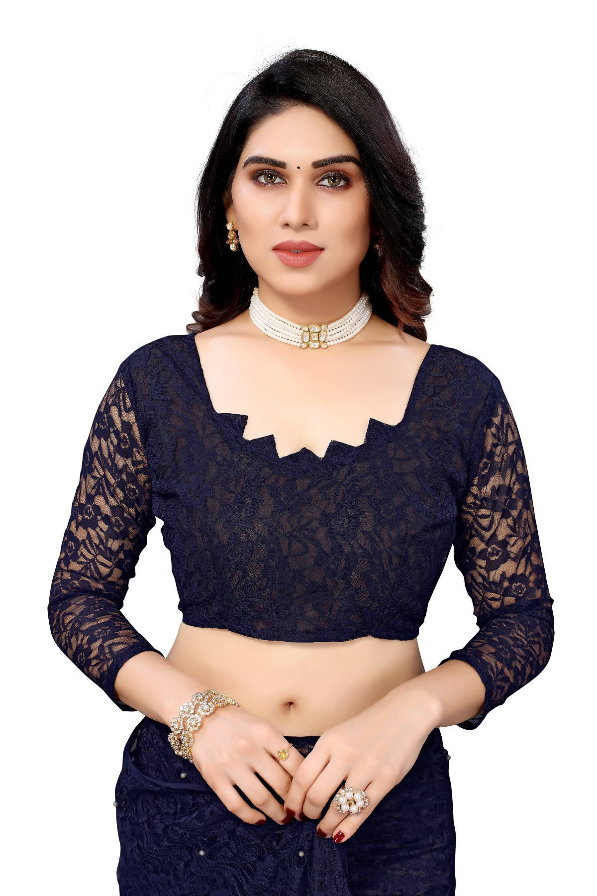Vamika Ethnic Fire Navy Pearls Net Saree