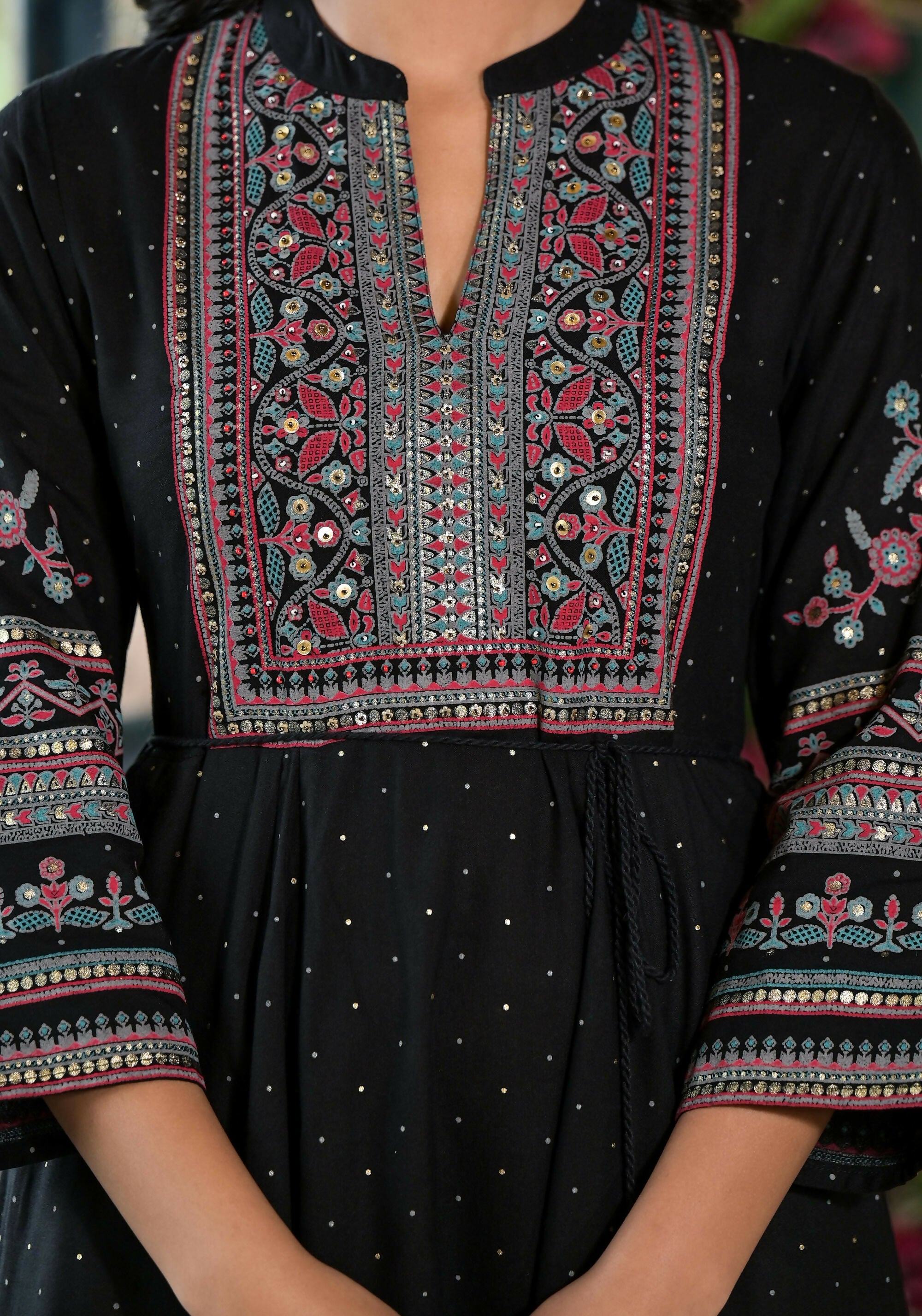 Juniper Women's Black Ethnic Motif Printed Liva Rayon Dress With Dori & Sequin