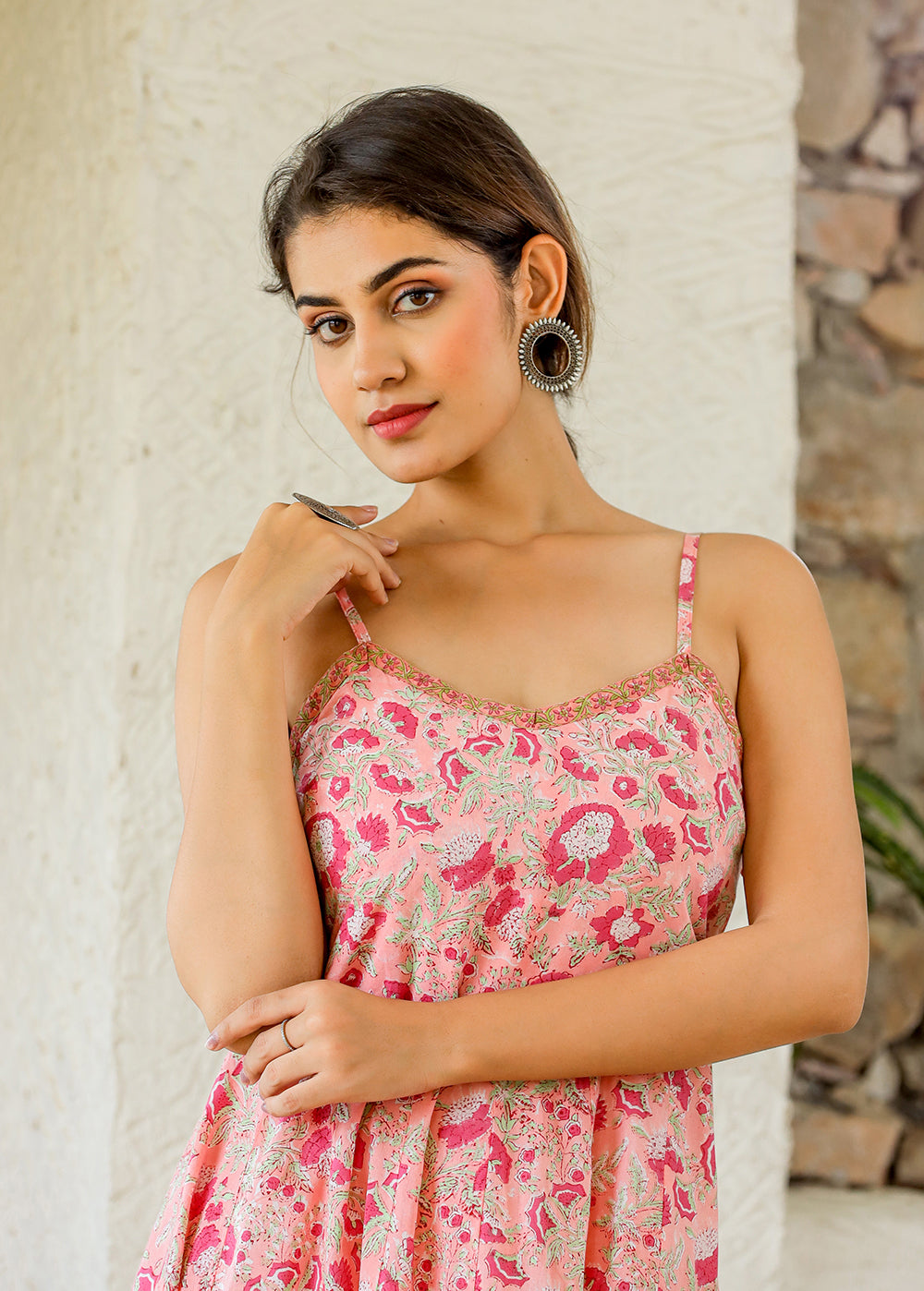 Kaajh Women's Floral Pink Hand Block Print Sleeveless Dress