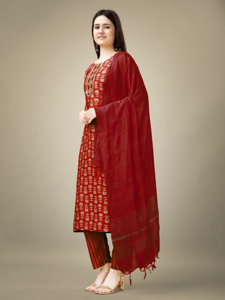 Jyoti Fashion Women's Maroon Rayon Embroidery & Sequence work Kurta with Trouser & Dupatta