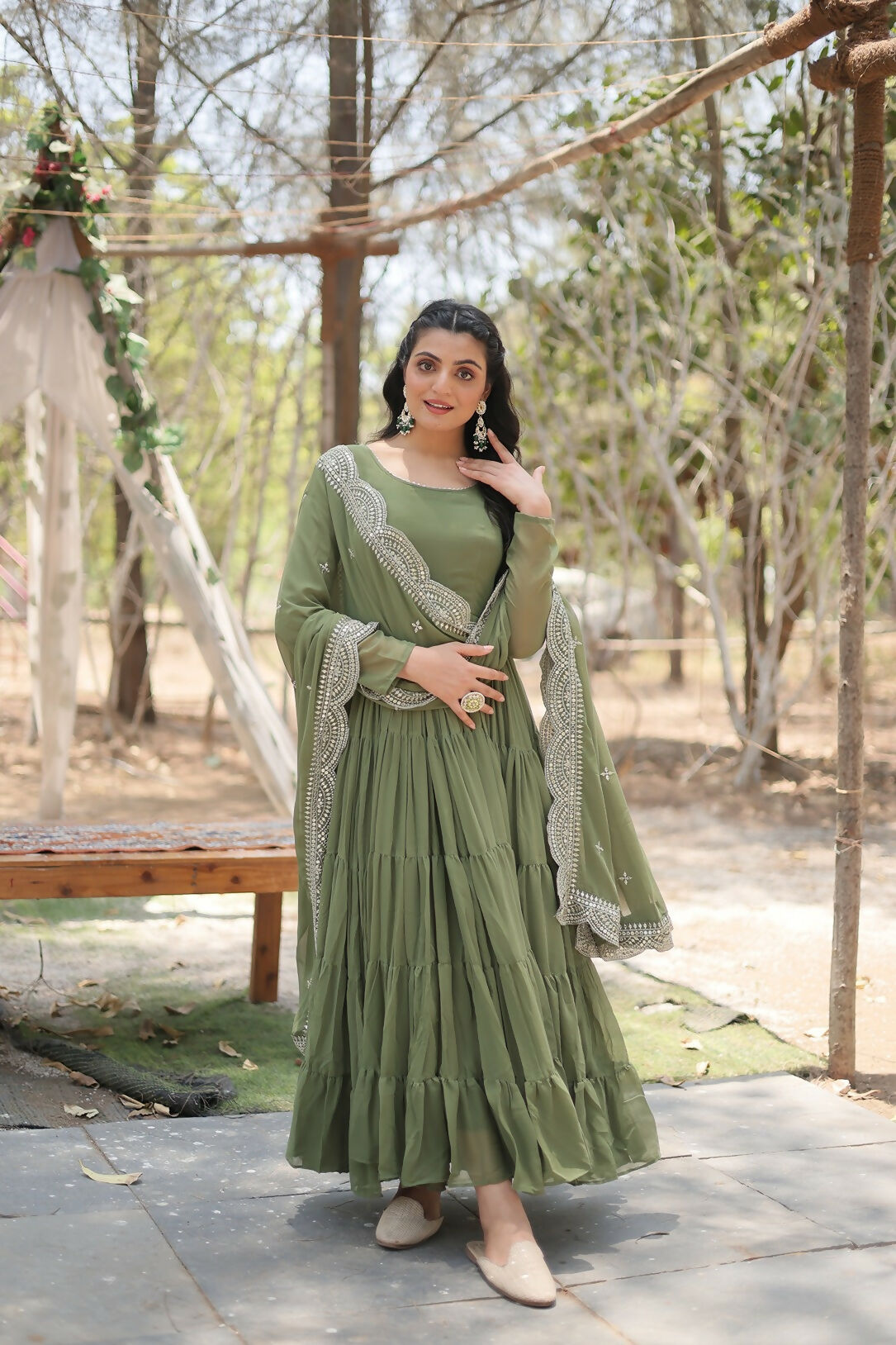 Joban Fashion Mehandi Georgette Sequence Embroidery Work Kurta Set