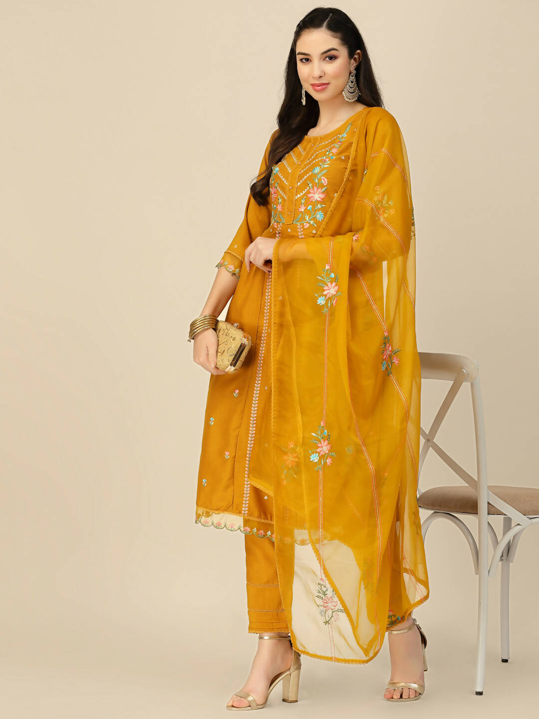 Mustard Embroidered Chinon Straight Kurta With Trouser & Dupatta - Salimar