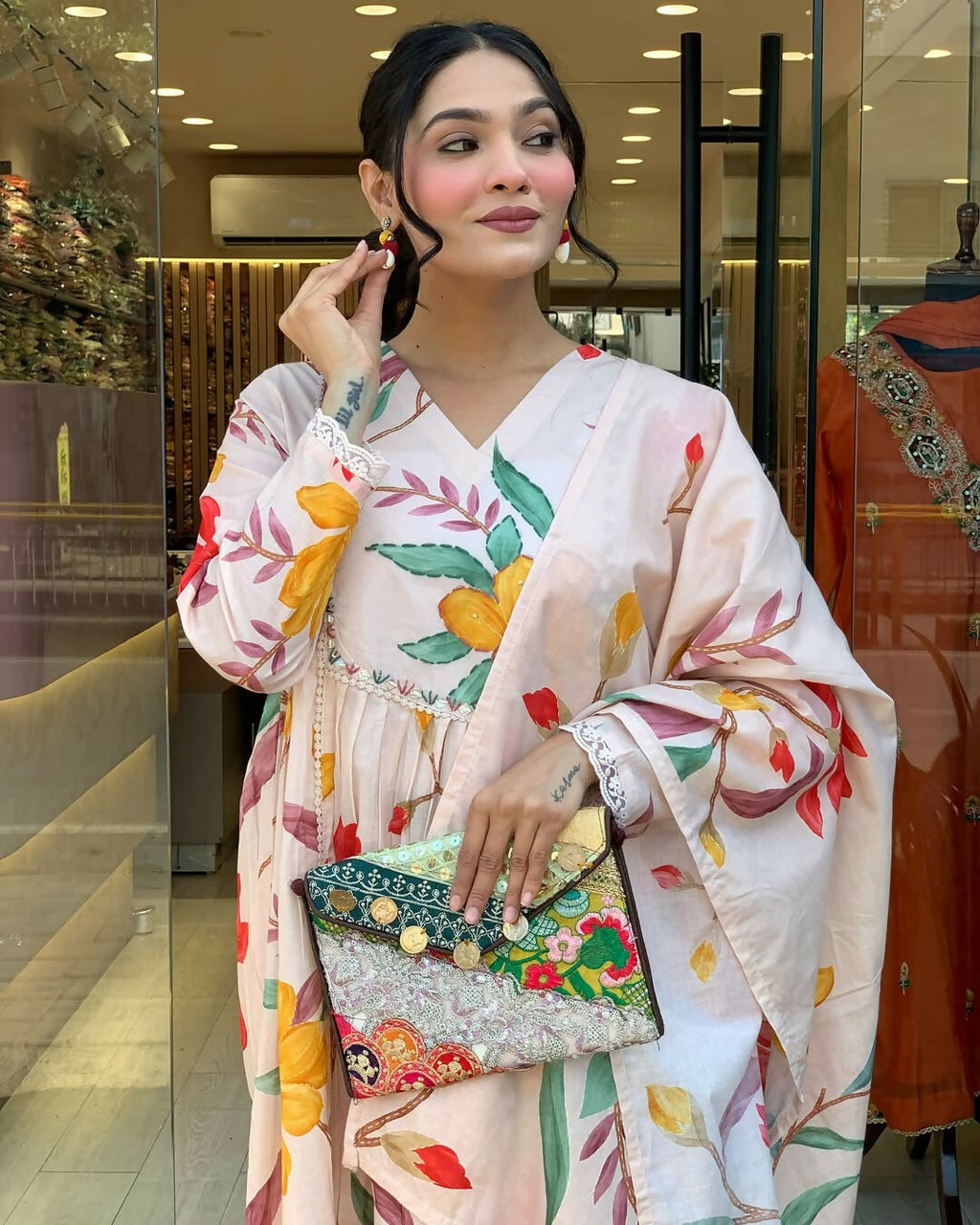The52 Peach Women's Gorgeous Cotton Fabric Printed Work Straight Kurta Pant and Dupatta Set