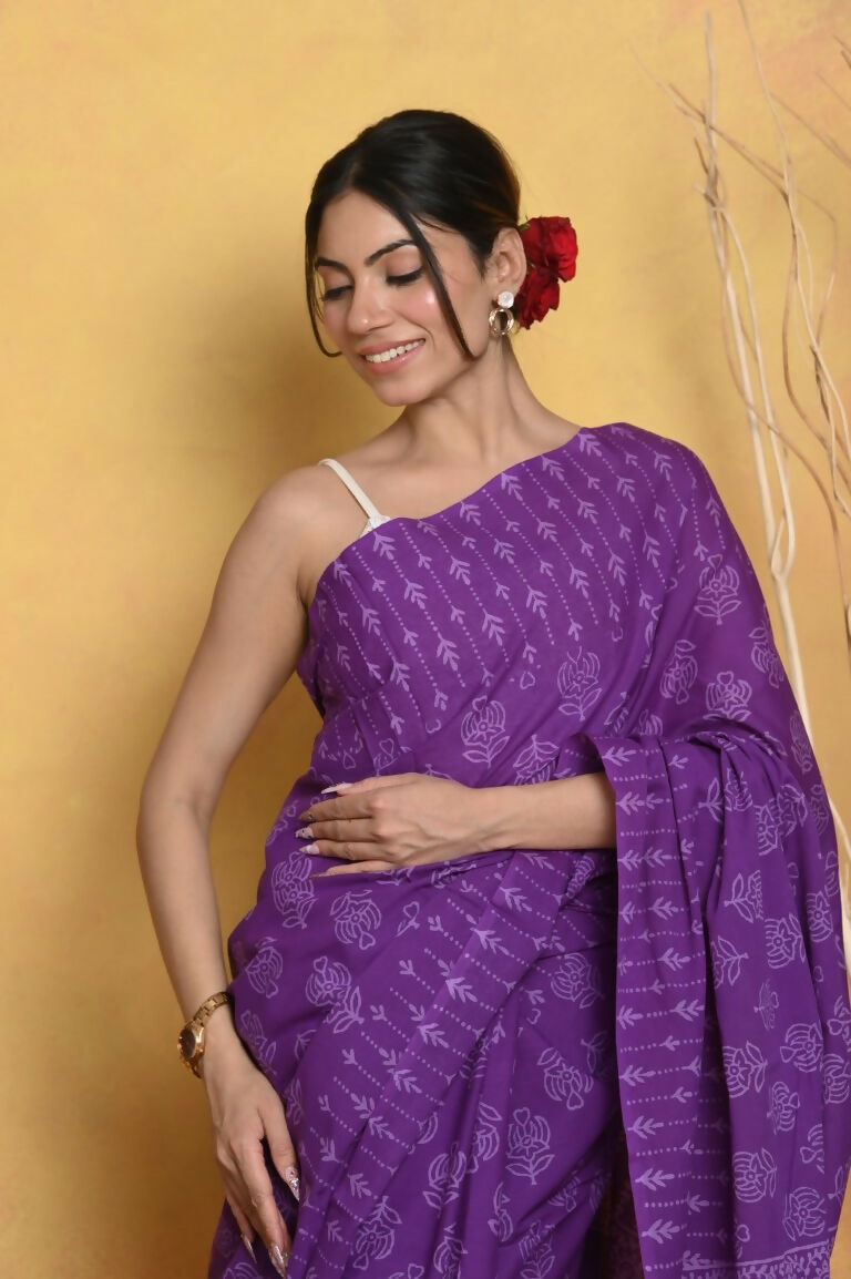 Very Much Indian Handblock Printed Cotton Saree With Natural Dyes - Purple