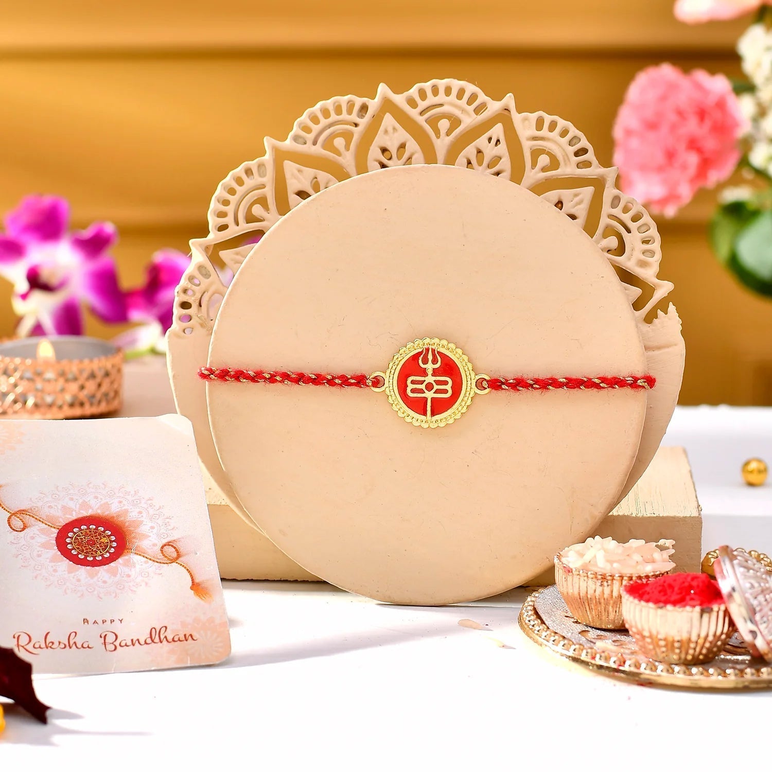 trueBrowns X Voylla Red Enamel And Gold Rudra-Tilaka Rakhi For Brother