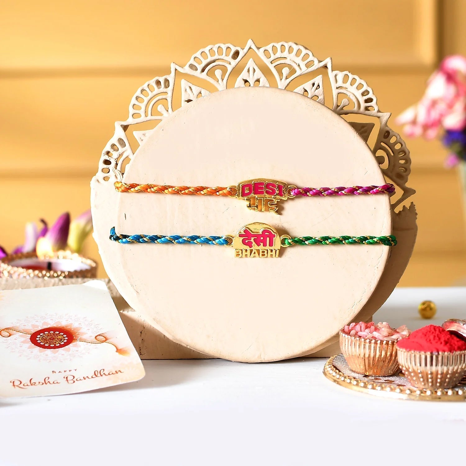 trueBrowns X Voylla Desi Bhai-Bhabhi Multi Color Thread Lumba Rakhi Combo For Bhaiya Bhabhi