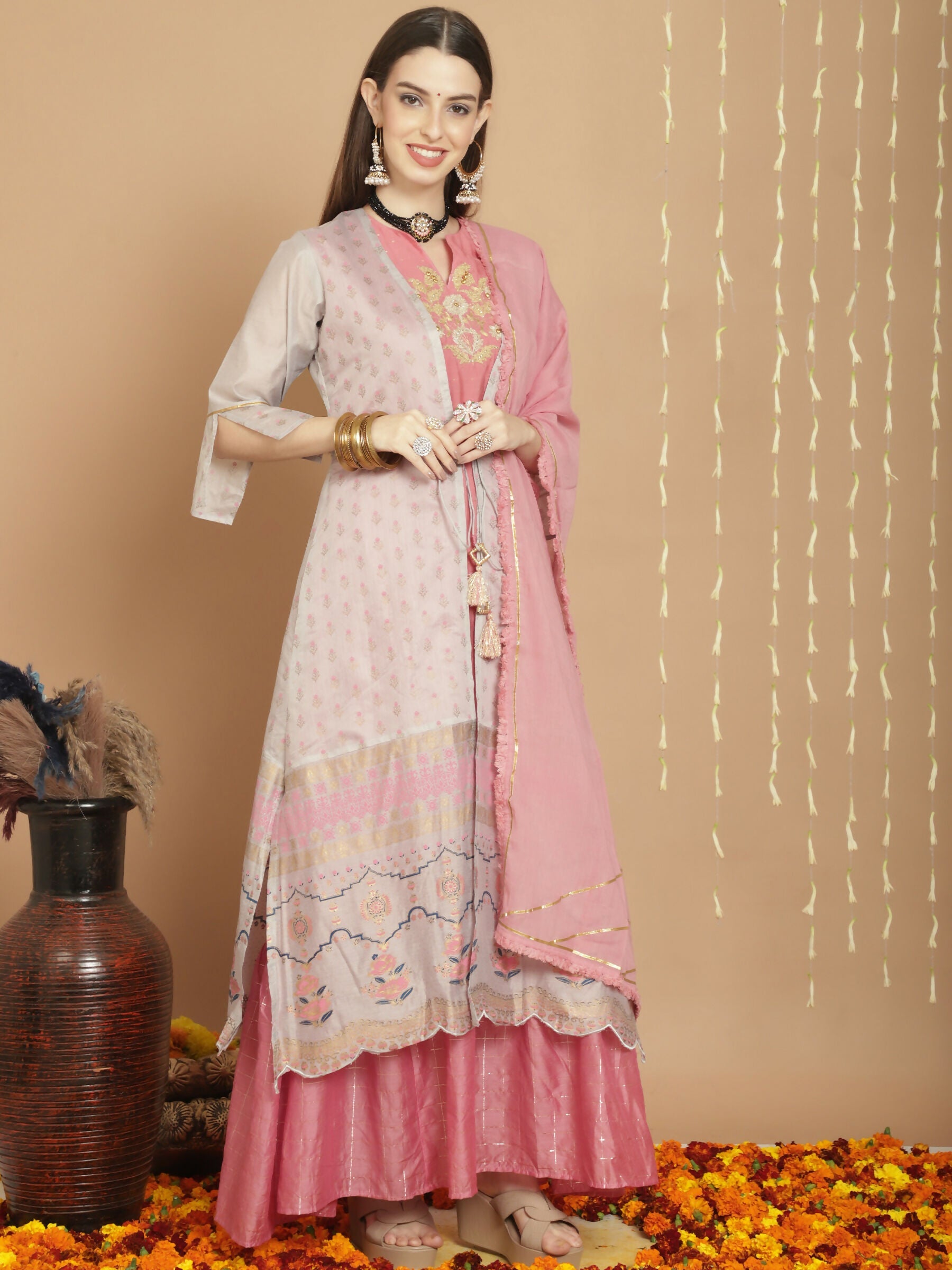 Jyoti Fashion Women's Grey Chanderi Silk Elegant Jardoshi Semi Kurta with Trouser & Dupatta