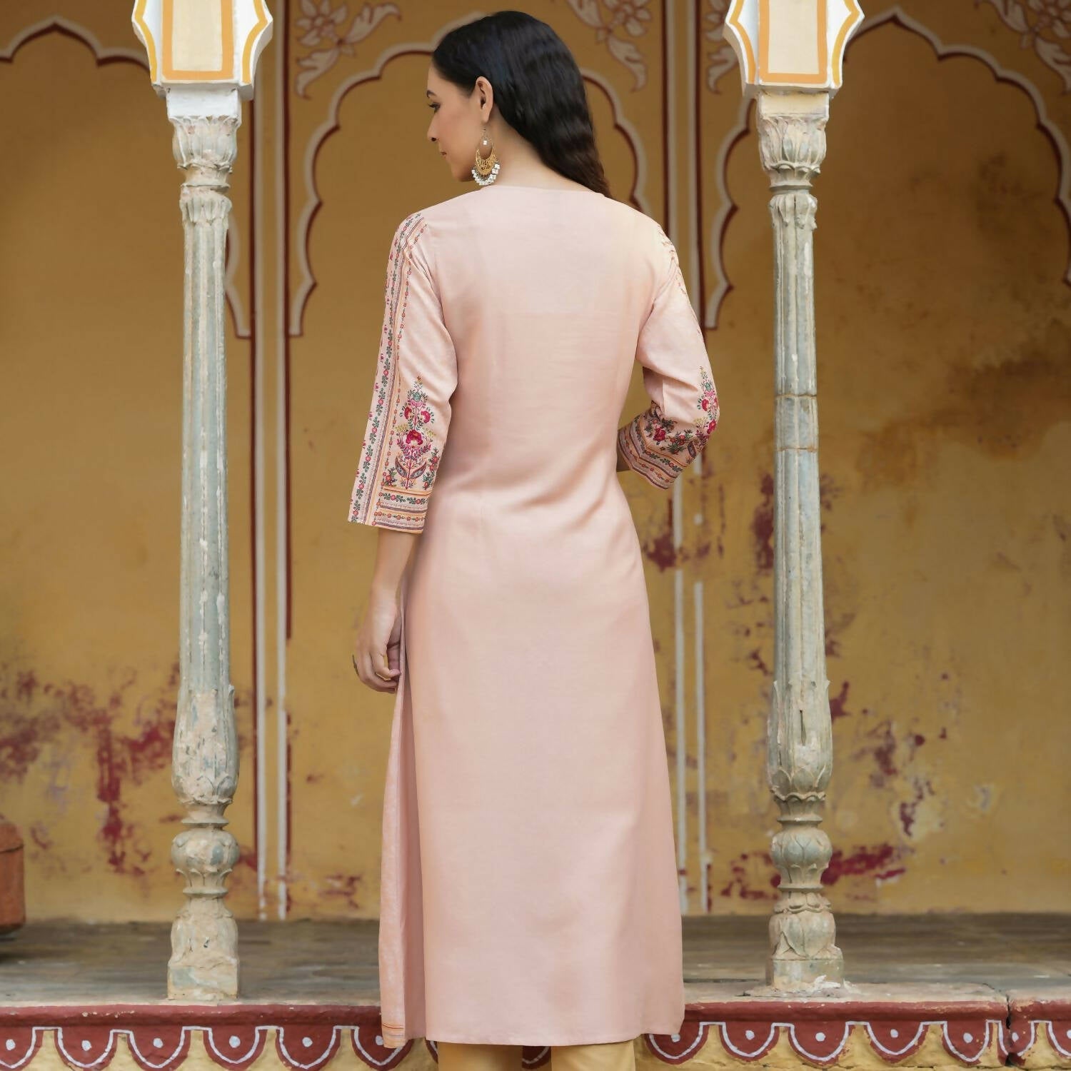 Juniper Women's Peach Rayon Staple Printed A-Line Kurta