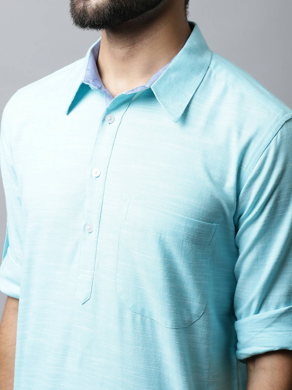 Even Apparels Blue Color Pure Cotton Solid Men's Kurta With Shirt Collar (SLD1132)
