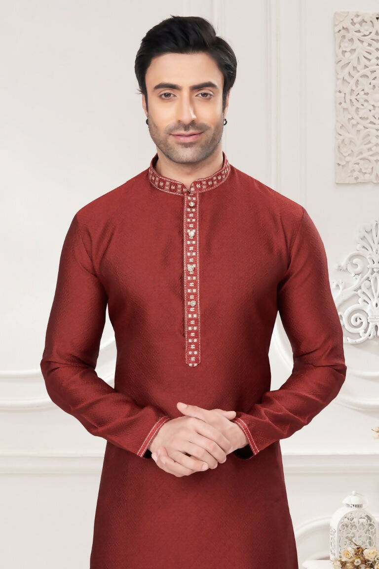 Functional Designer Men's Red Jacquard Kurta With Pant - Rudra