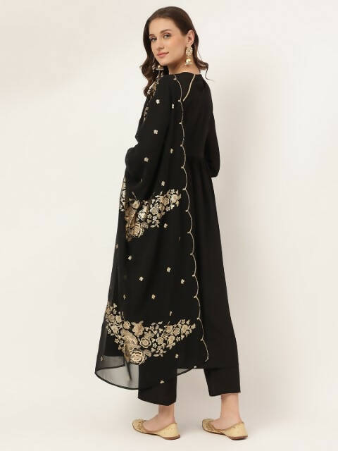 FIORRA Women's Black Poly Crepe Flared Kurta Pant With Dupatta