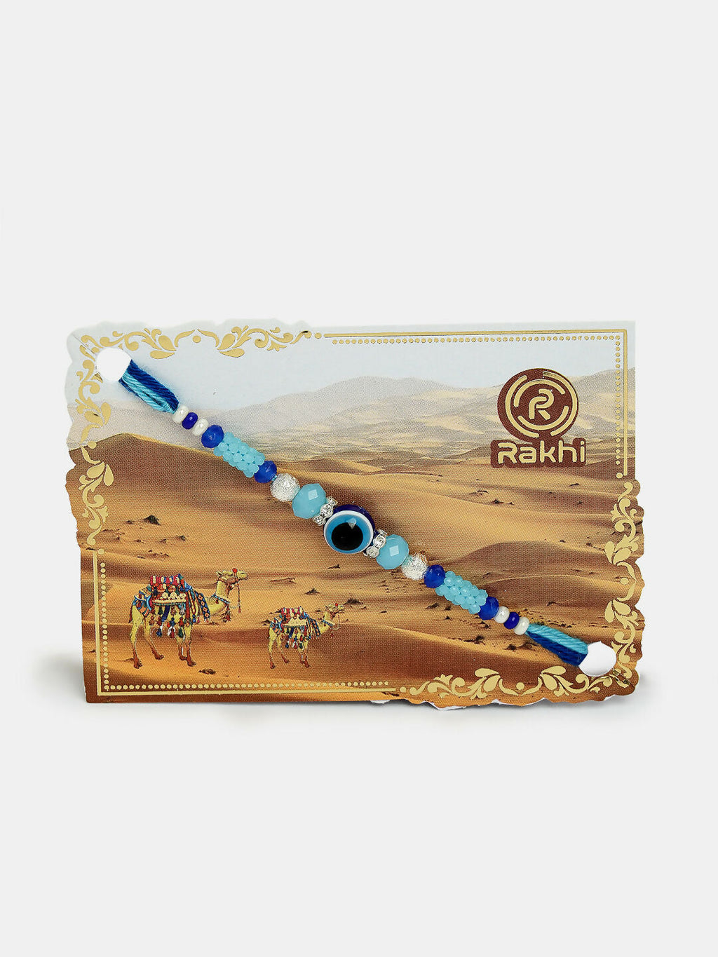 NVR Women & Men Set of 4 Blue Evil Eye Charm Rakhi With Roli Chawal & Chocolate