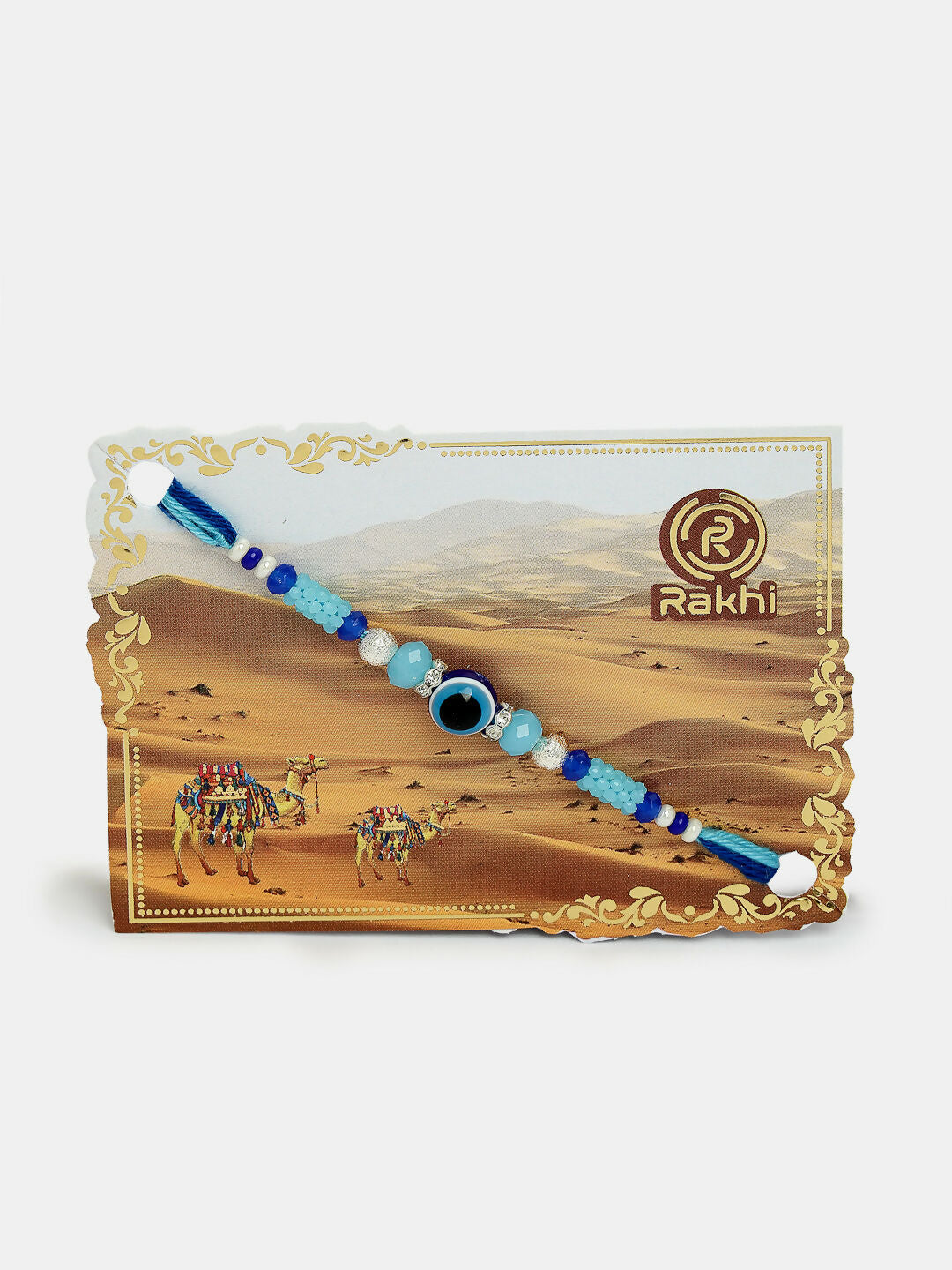 NVR Women & Men Set of 4 Blue Evil Eye Charm Rakhi With Roli Chawal & Chocolate
