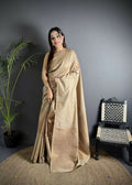 Joban Fashion Ivory Banarasi Soft Lichi Silk Checks & Woven Saree