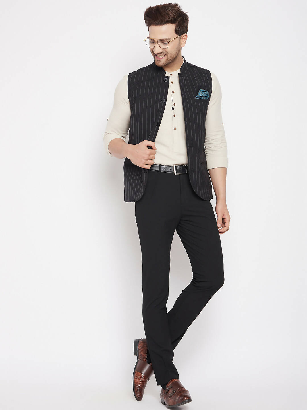 Even Apparels Black Merino Men Woven Nehru Jacket