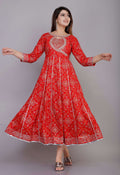 VOJ Women's Red Rayon Embroidered & Printed Anarkali Kurta