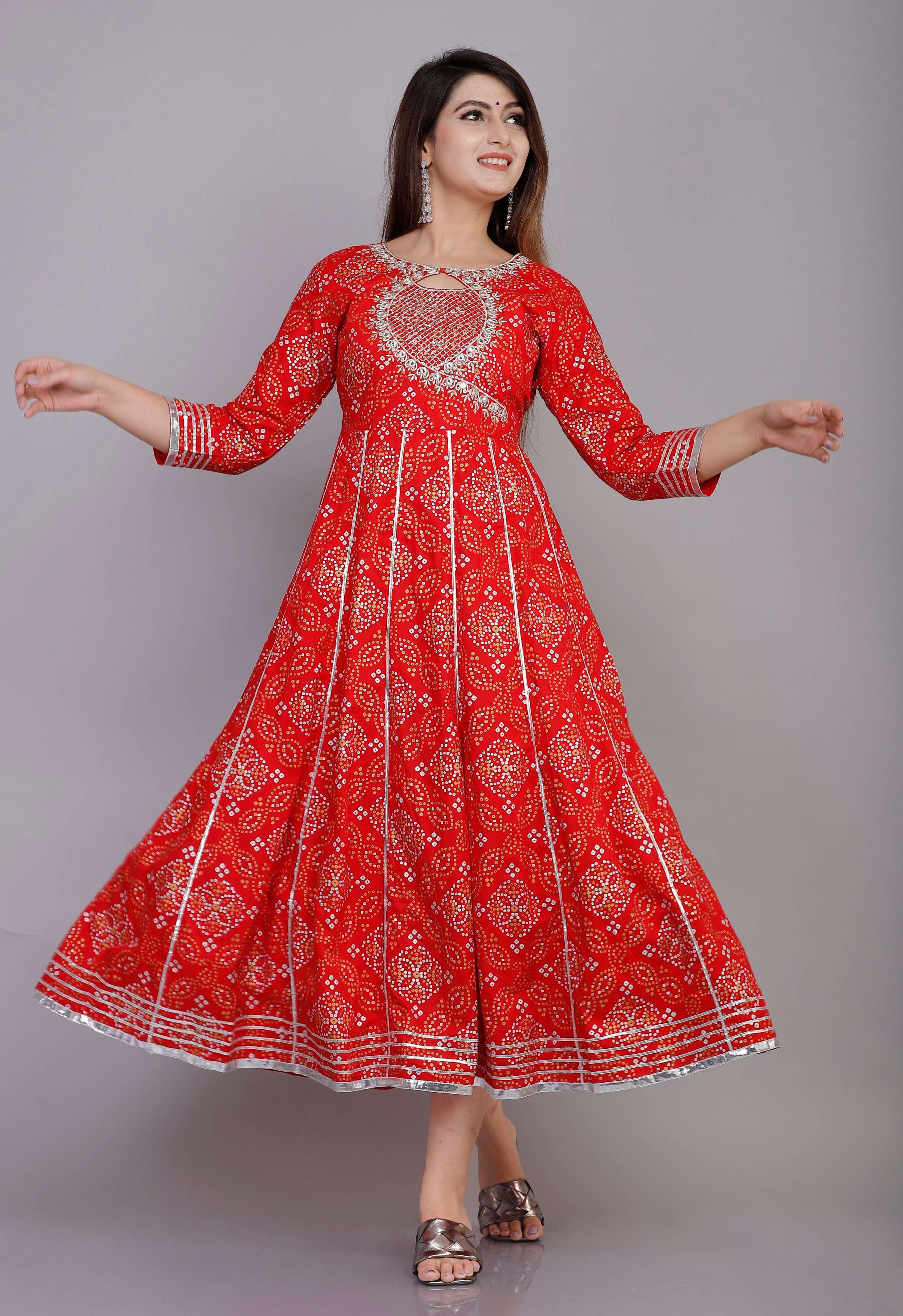 VOJ Women's Red Rayon Embroidered & Printed Anarkali Kurta