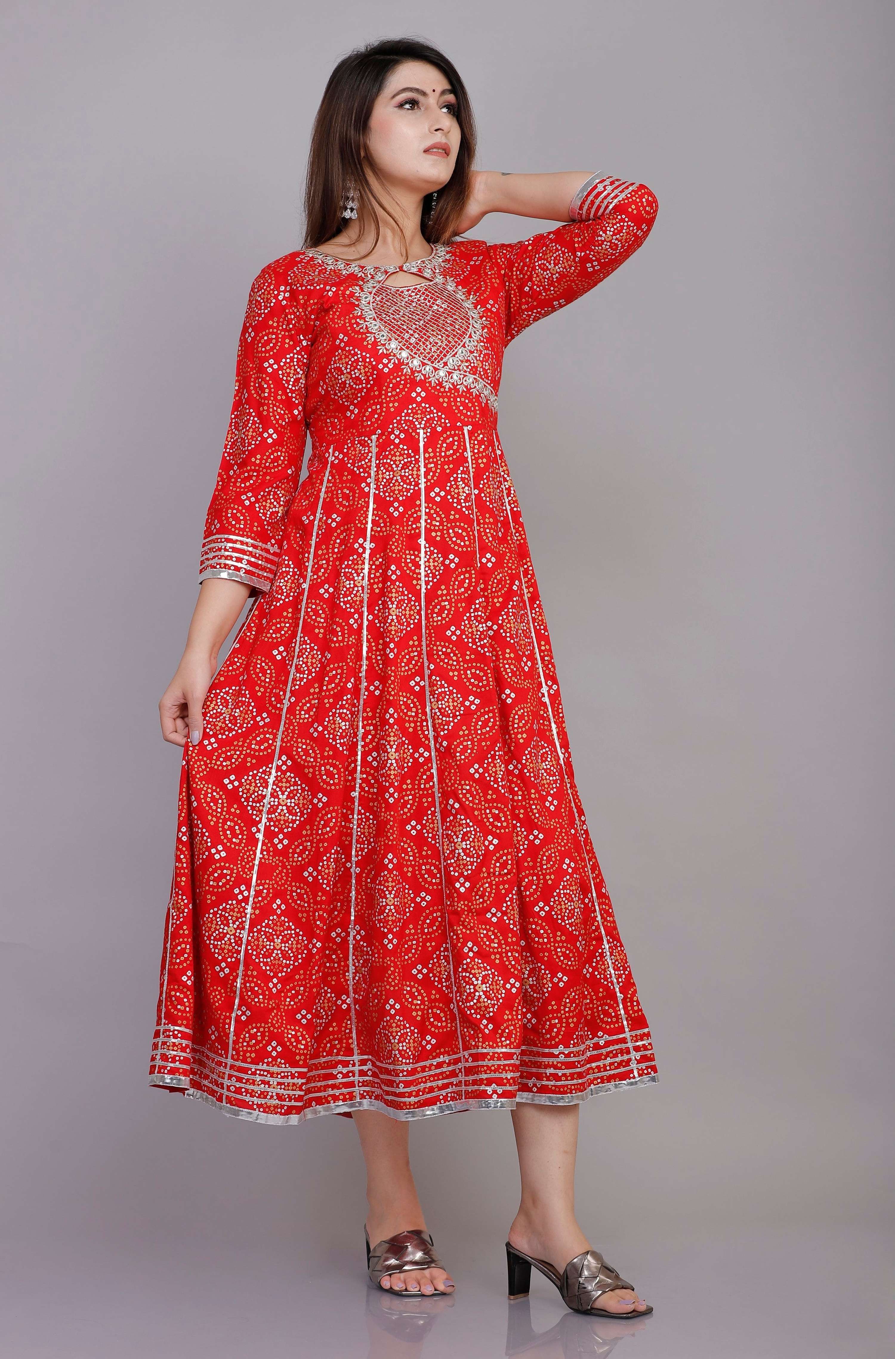 VOJ Women's Red Rayon Embroidered & Printed Anarkali Kurta