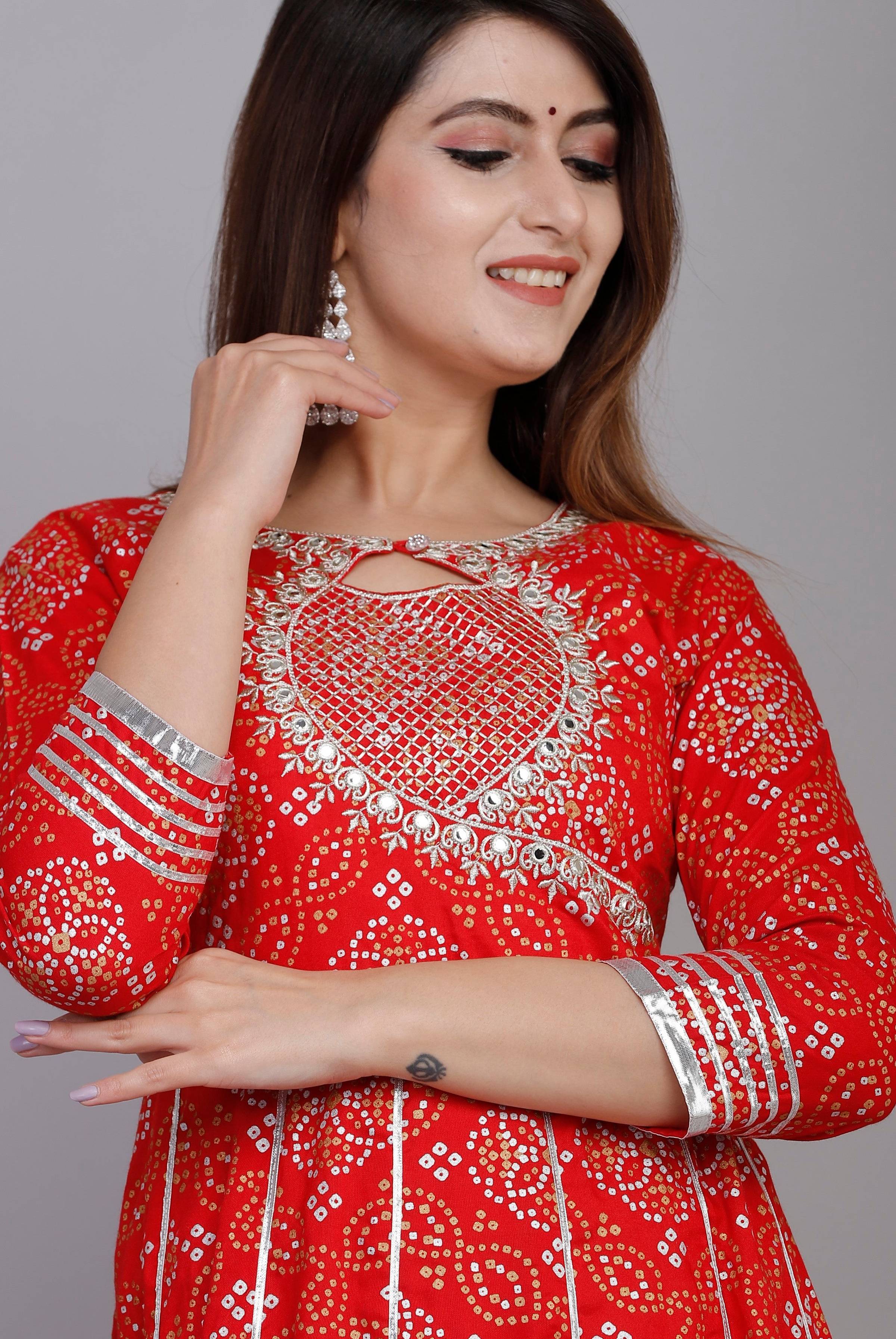 VOJ Women's Red Rayon Embroidered & Printed Anarkali Kurta