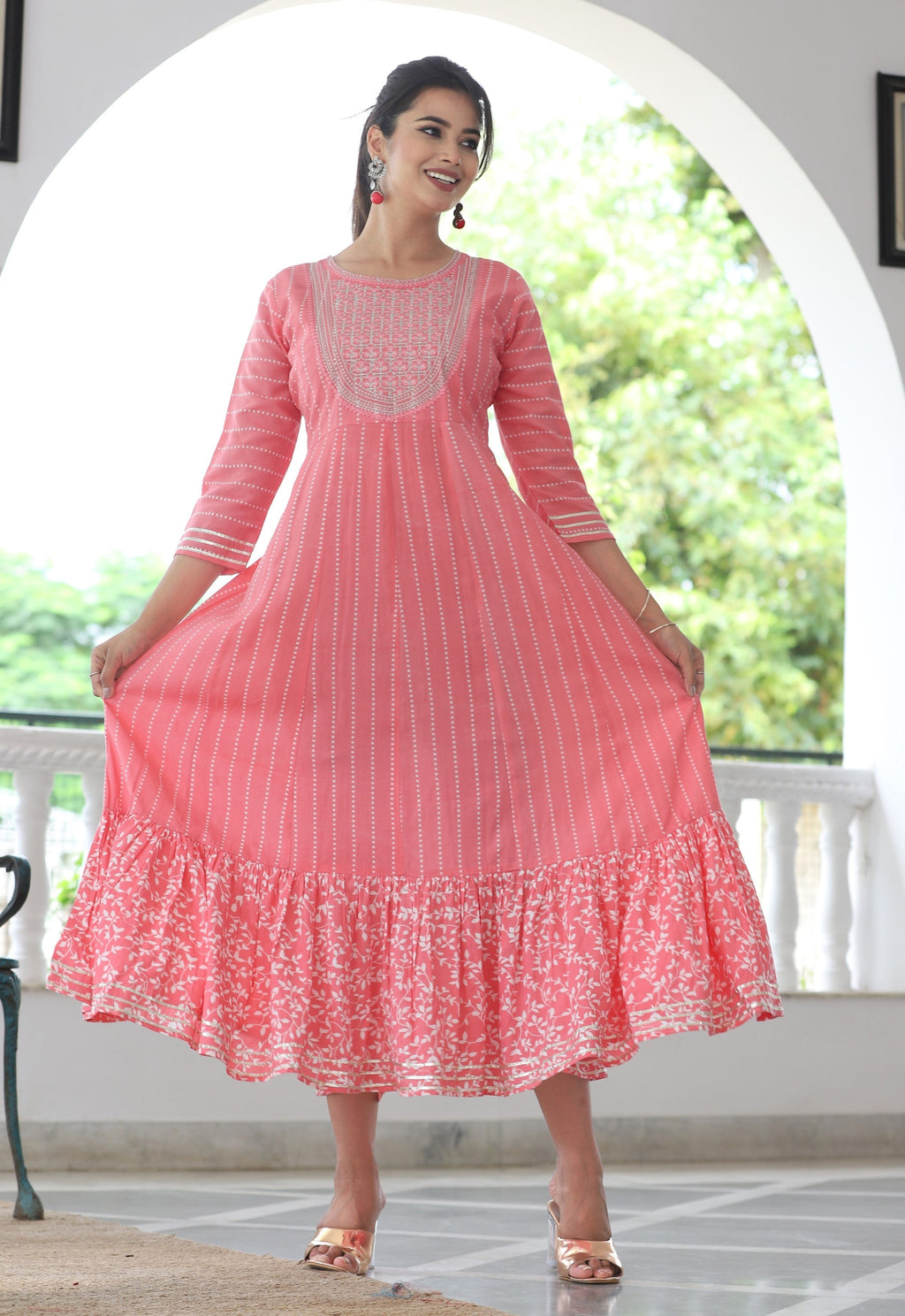 VOJ Women's BabyPink Rayon Floral Embroidered & Printed Tiered Anarkali Kurta