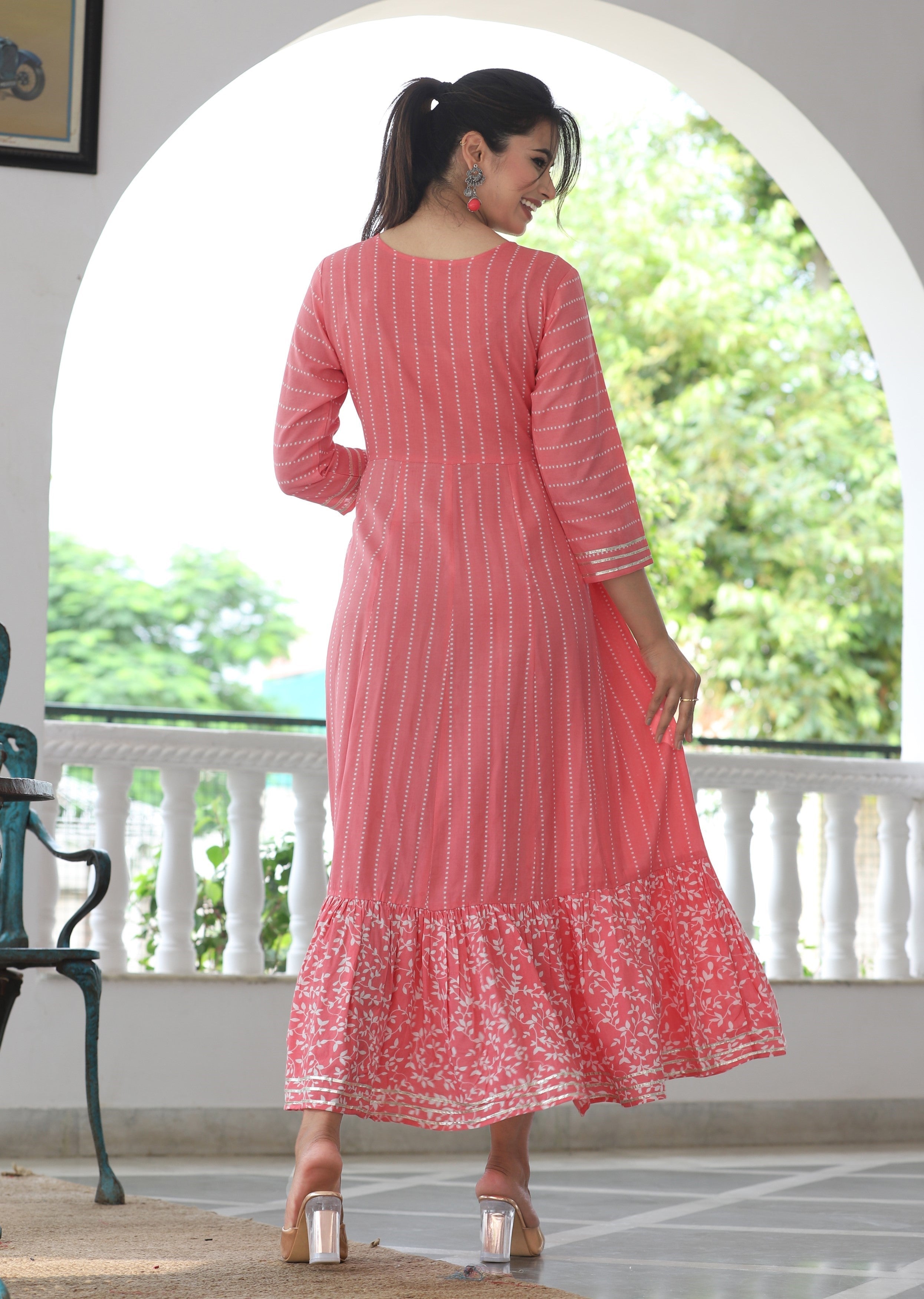 VOJ Women's BabyPink Rayon Floral Embroidered & Printed Tiered Anarkali Kurta