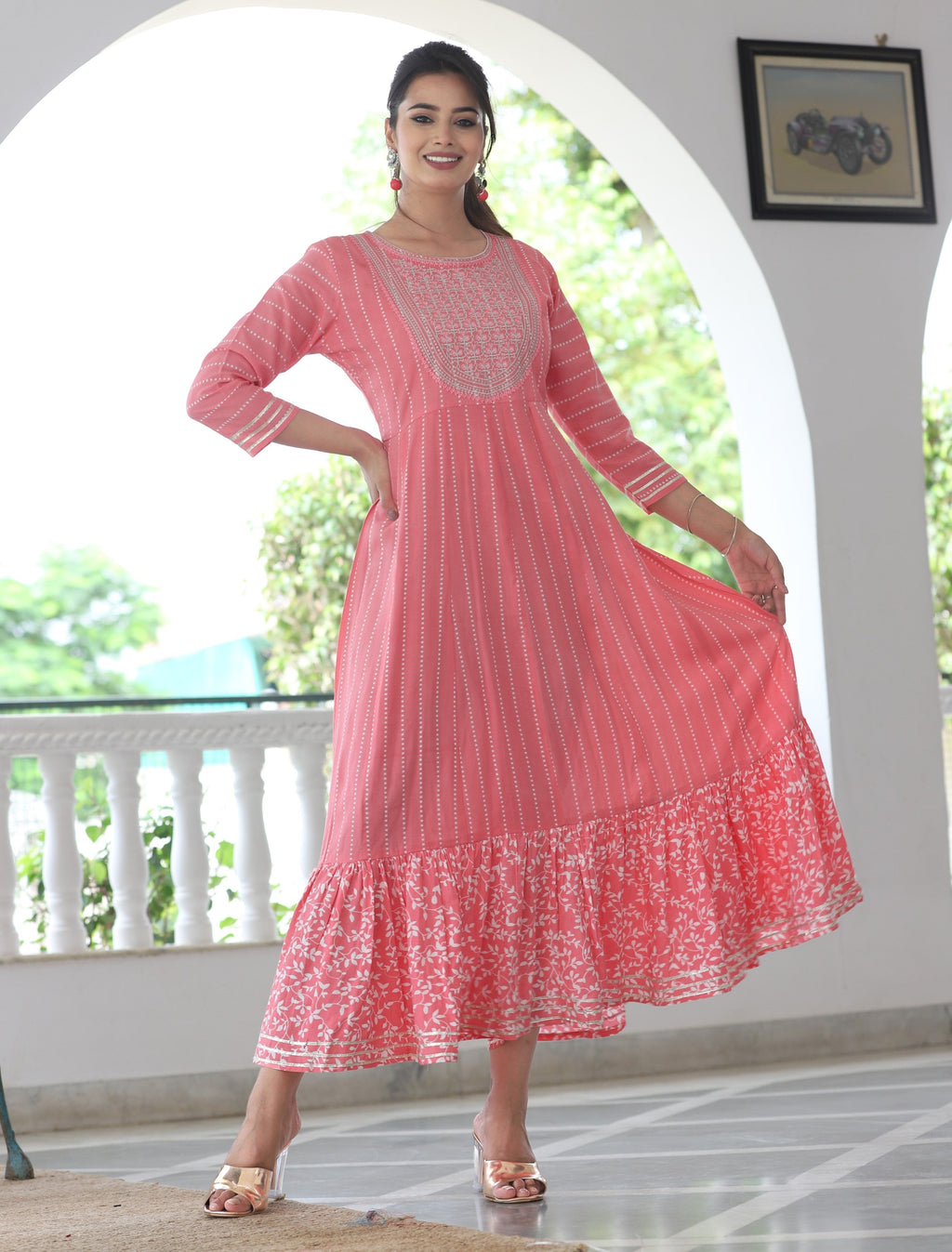 VOJ Women's BabyPink Rayon Floral Embroidered & Printed Tiered Anarkali Kurta