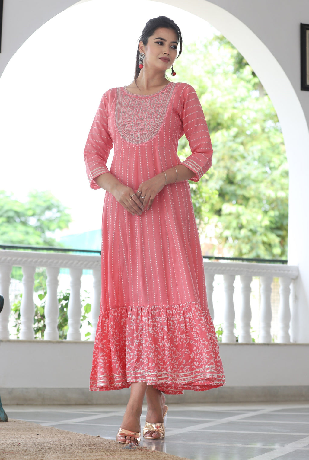 VOJ Women's BabyPink Rayon Floral Embroidered & Printed Tiered Anarkali Kurta