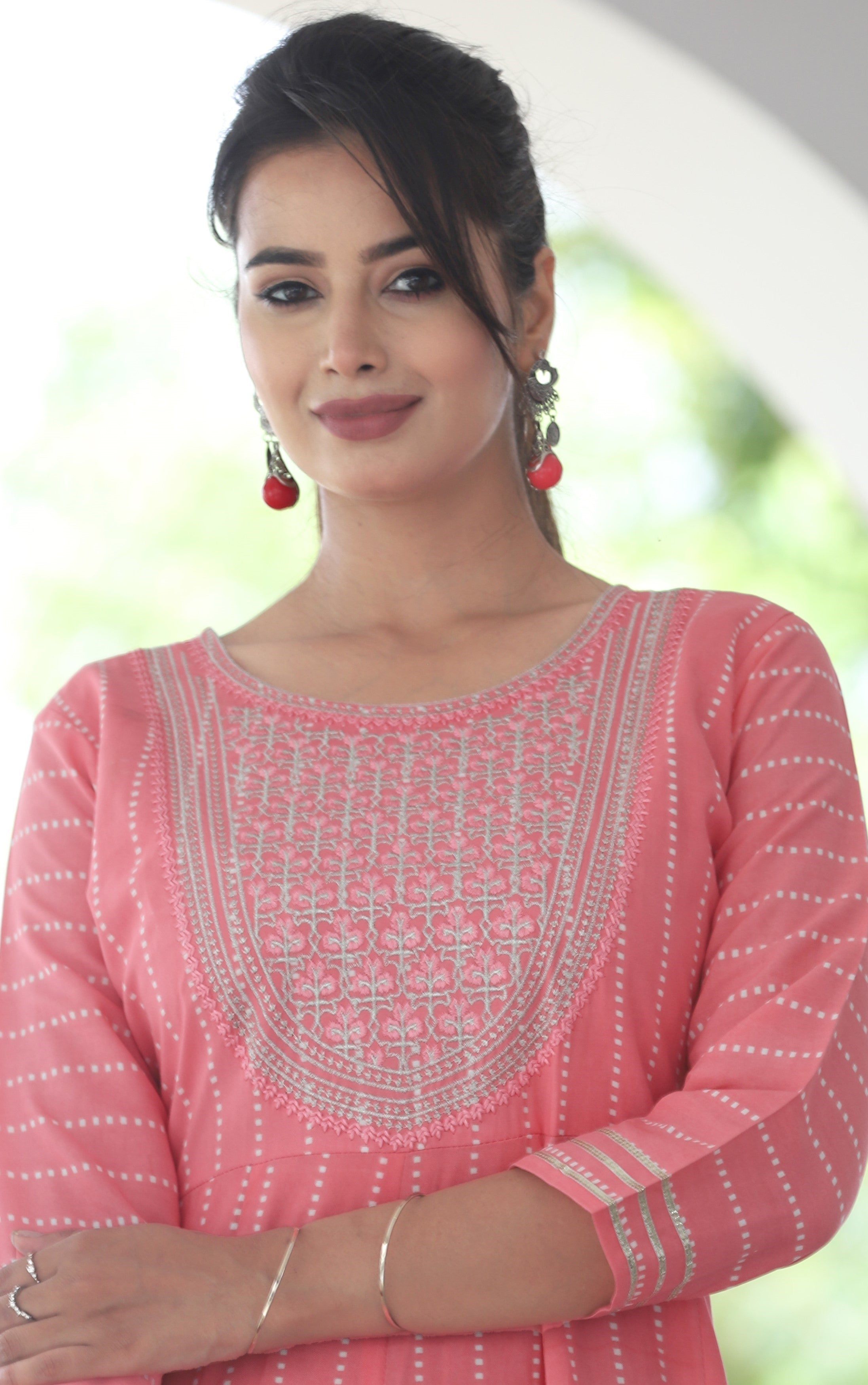 VOJ Women's BabyPink Rayon Floral Embroidered & Printed Tiered Anarkali Kurta