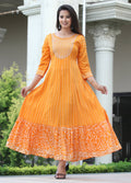 VOJ Women's Orange Rayon Floral Embroidered & Printed Tiered Anarkali Kurta