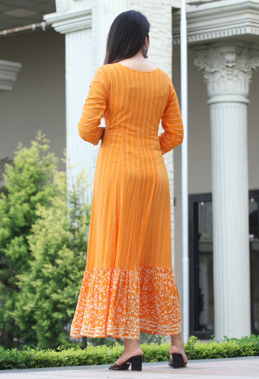 VOJ Women's Orange Rayon Floral Embroidered & Printed Tiered Anarkali Kurta